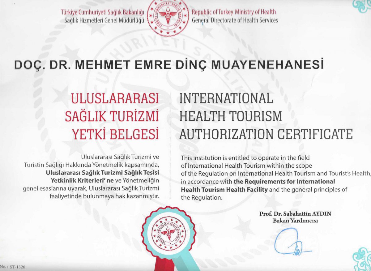 شهادة تفويض السياحة الصحية الدولية لمركز Dr. Mehmet Emre Dinc لجراحة الأنف، تركيا
