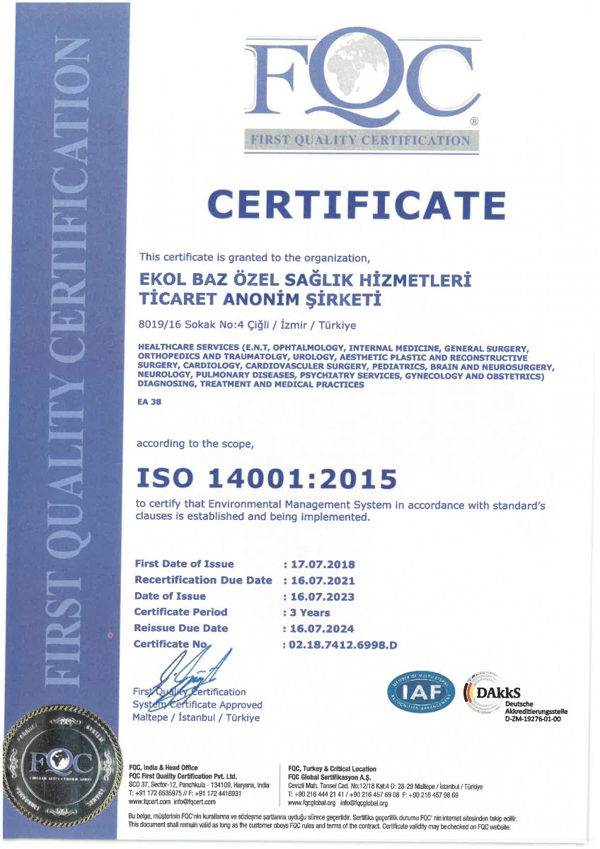 شهادة ISO 14001:2015 لمستشفيات إكول الدولية، إزمير، تركيا، 2023