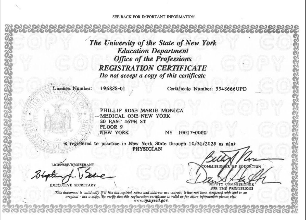شهادة تسجيل طبيب للدكتور فيليب روز ماري مونيكا، Stem Cell Specialist NY، 2025