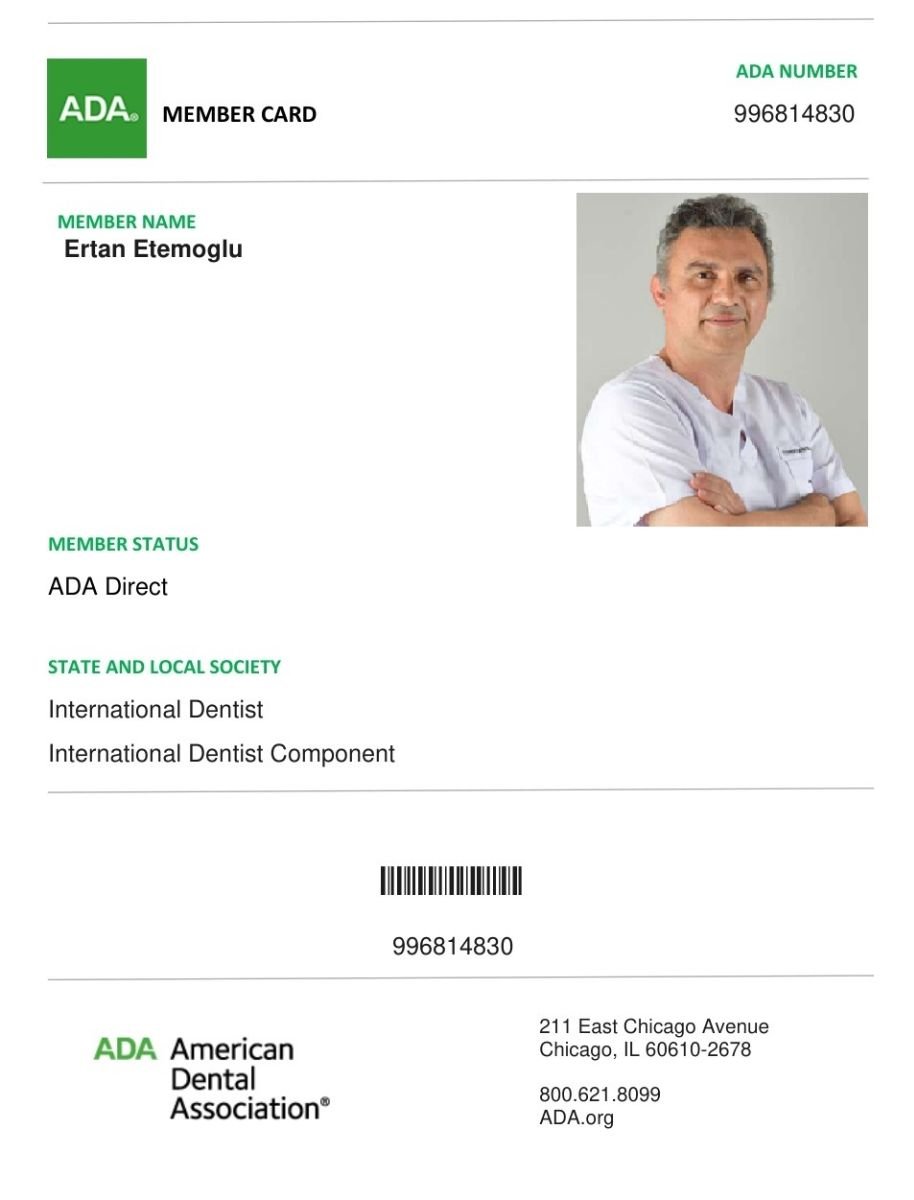 بطاقة عضوية ADA للدكتور إرتان إتموغلو، Tower Dental Clinic