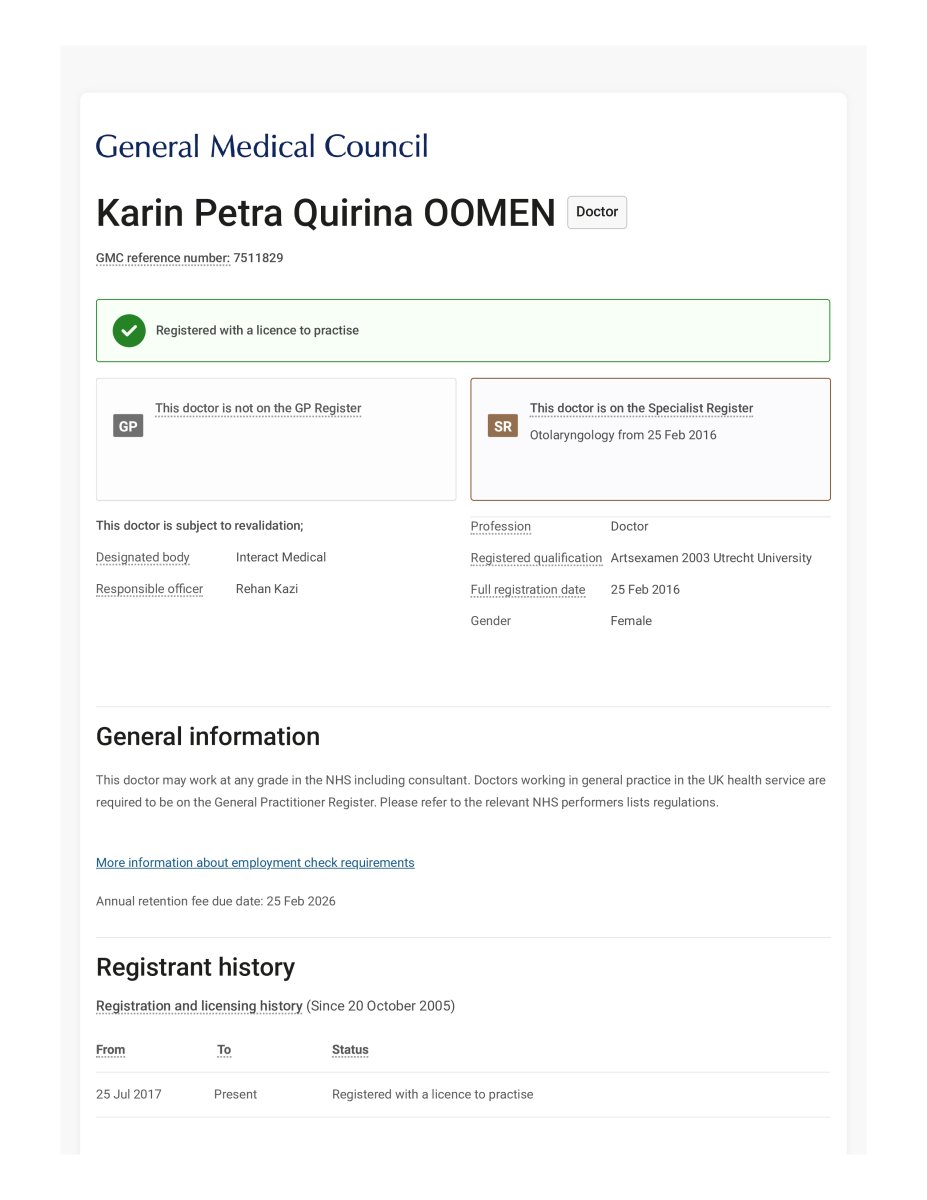 Licencia del General Medical Council para la Dra. Karin Petra Quirina Oomen, ANDSURGEONS Clinic, 2016