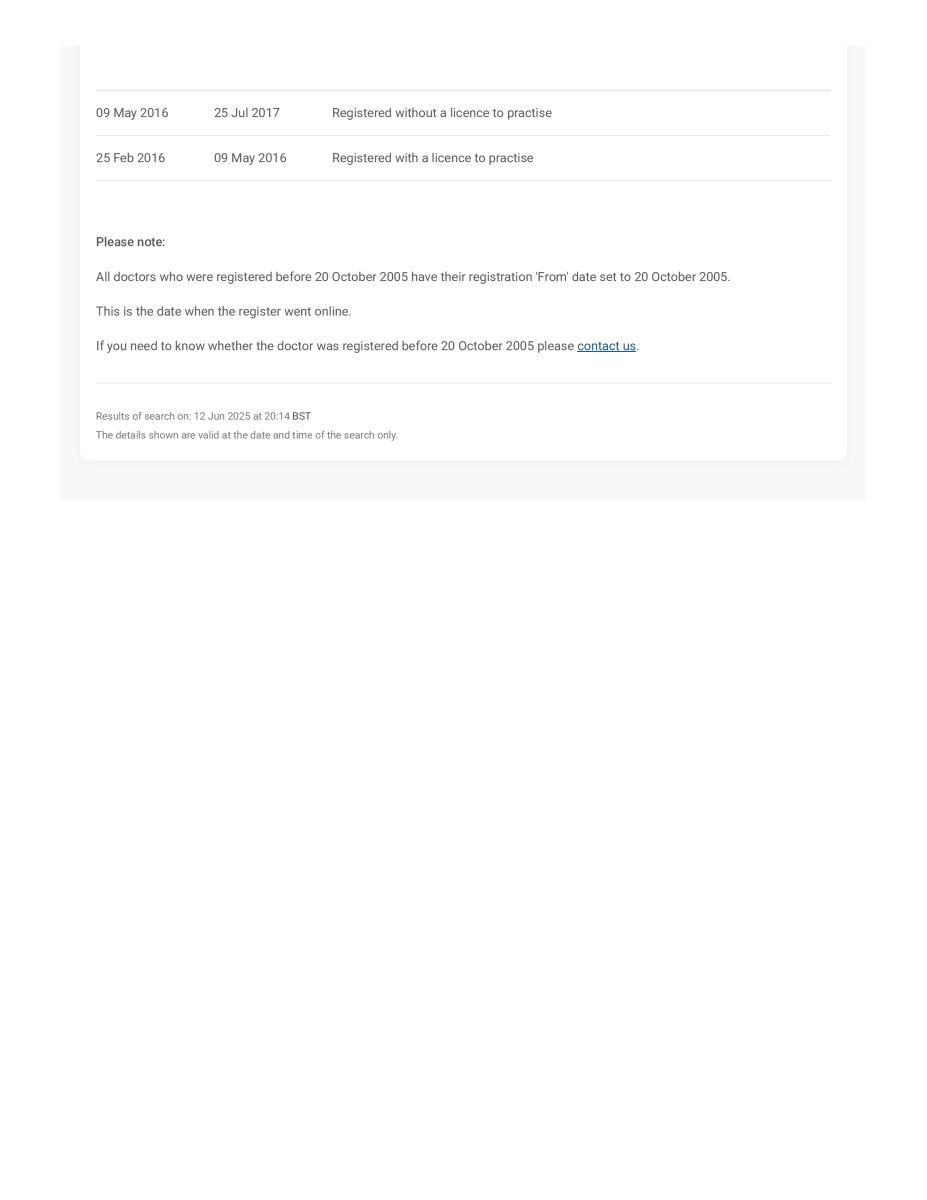 Estado de registro médico para doctor de ANDSURGEONS Clinic, 2016-2017