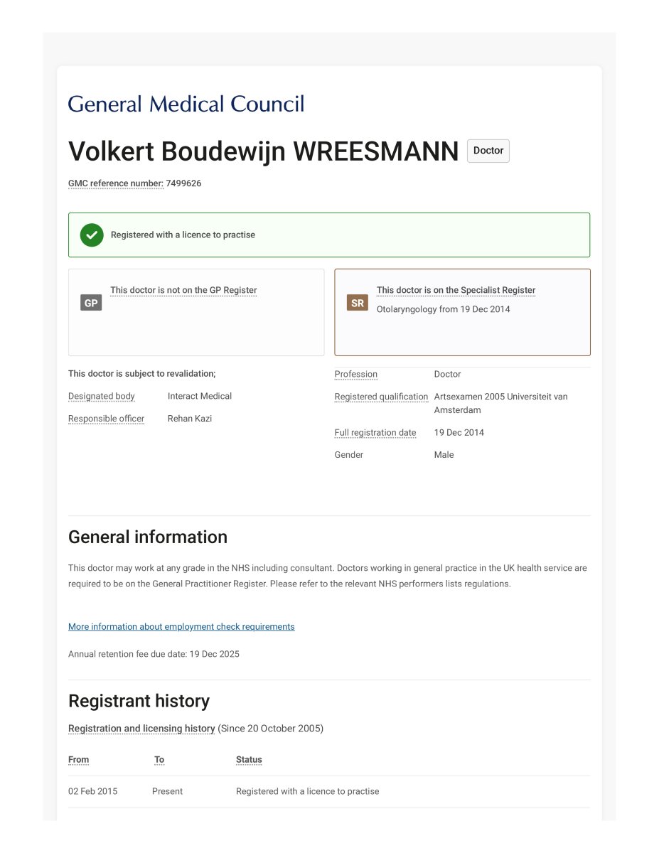 Licencia del General Medical Council para el Dr. Volkert Boudewijn Wreesmann, ANDSURGEONS Clinic, 2014