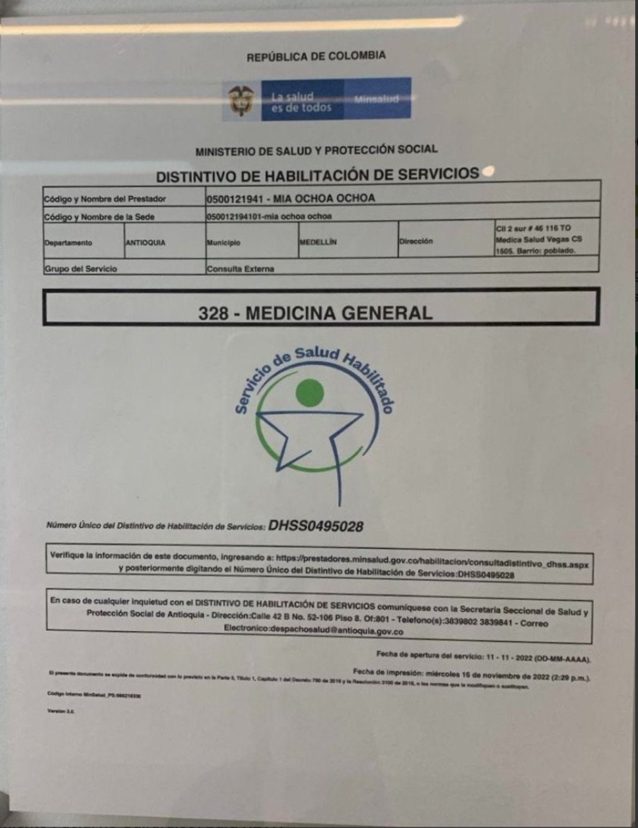 Certificado de habilitación de servicios para Reviv Clinic, Medellín, Colombia, Ministerio de Salud, 2022