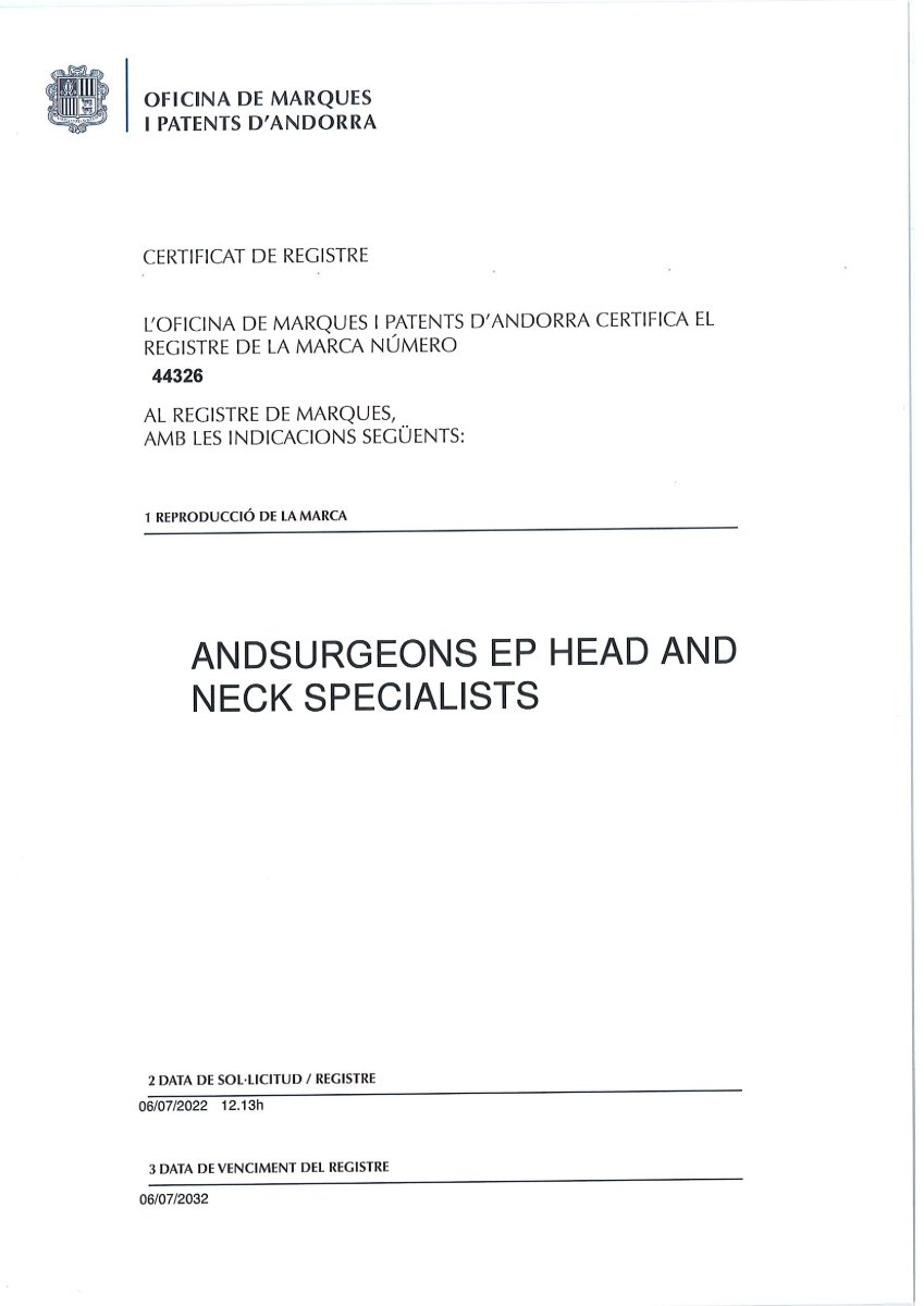 Certificado de registro de marca para ANDSURGEONS Clinic emitido por la Oficina de Patentes de Andorra, 2022