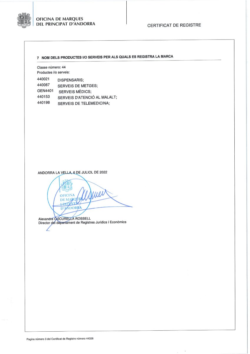 Certificado de registro para ANDSURGEONS Clinic, Andorra, emitido en 2022