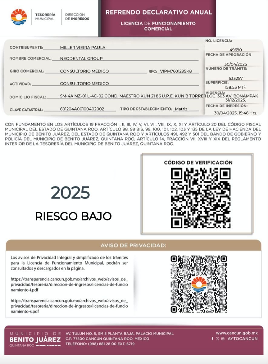 رخصة تشغيل تجاري لمجموعة Neodental، بينيتو خواريز، كينتانا رو، 2025