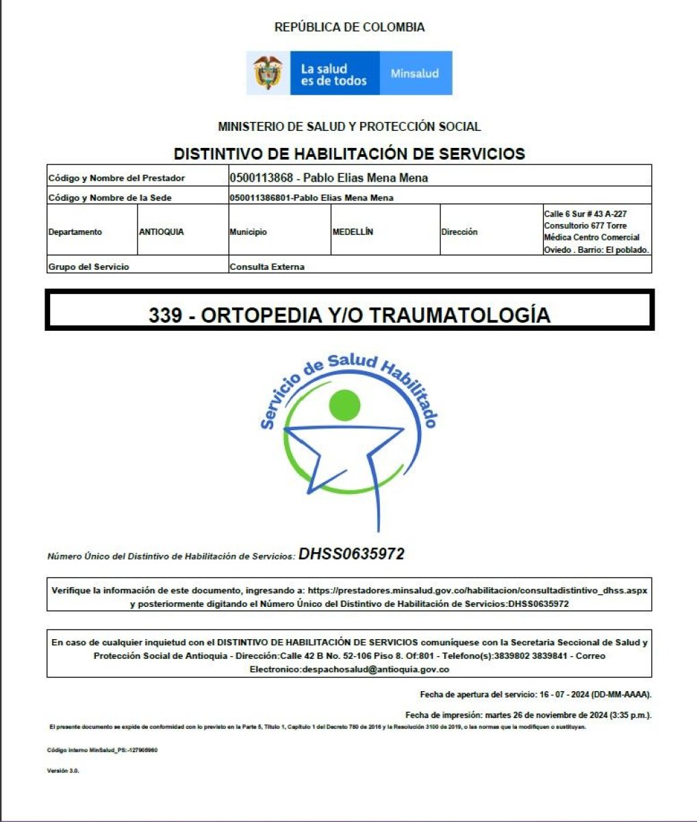 Licencia de servicio de ortopedia y traumatología, Reju Stem Cell Clinic, Medellín, Colombia, 2024