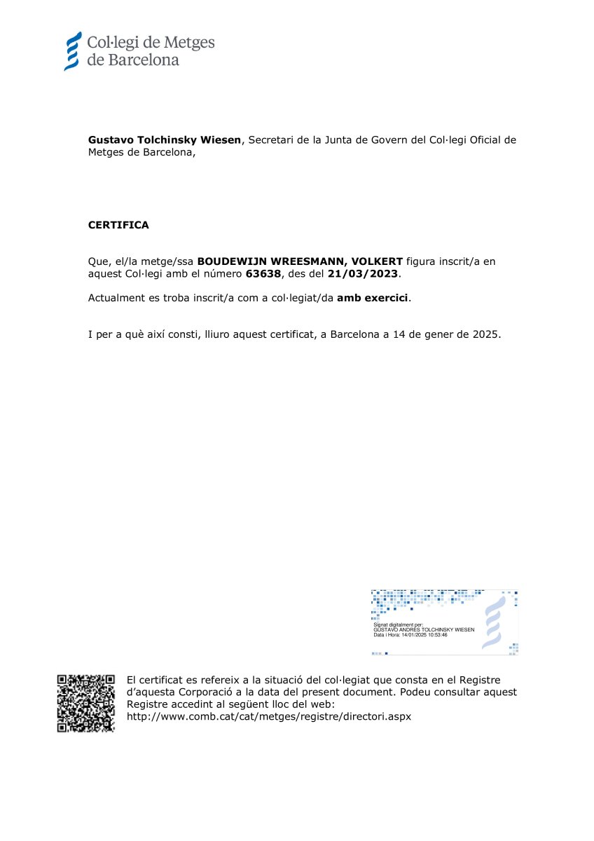 Certificado de colegiación médica del Dr. Boudewijn Wreesmann Volkert, ANDSURGEONS Clinic, Barcelona, 2025