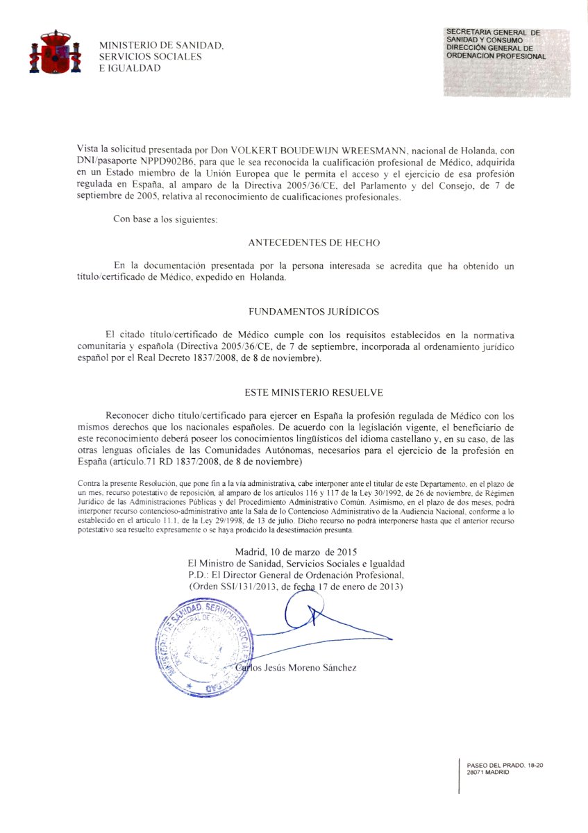 Certificado de reconocimiento de cualificación médica para Volkert Boudewijn Wreesmann, ANDSURGEONS Clinic, España, 2015