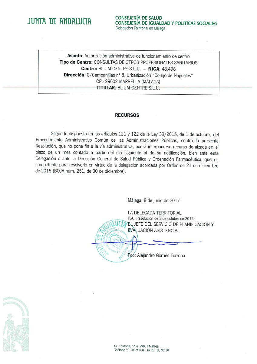 Licencia de funcionamiento para Dr. Blum’s Biomechanics Center, Junta de Andalucía, España, 2017