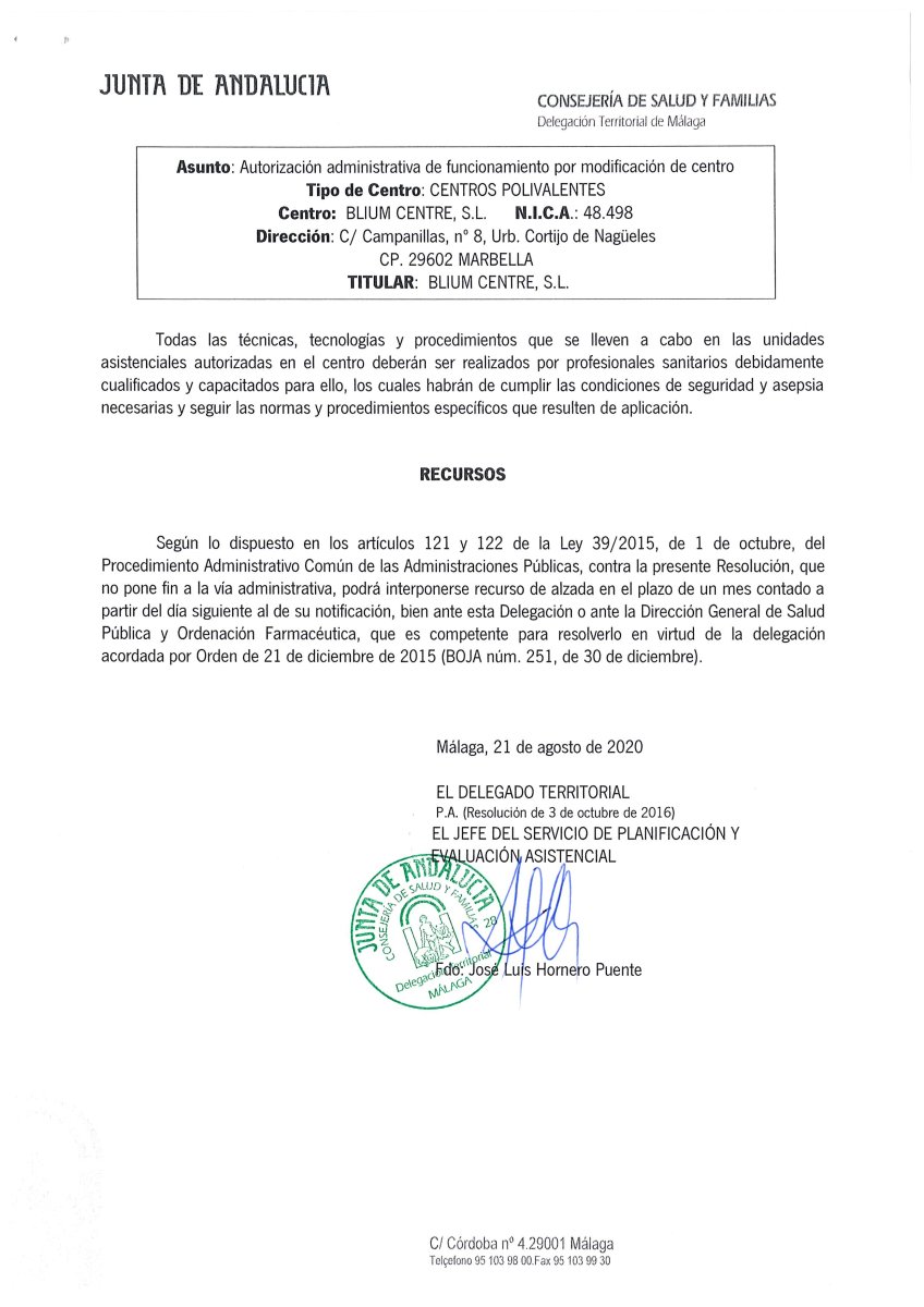 Licencia clínica para el Centro de Biomecánica Dr. Blum emitida por Junta de Andalucía, España, 2020