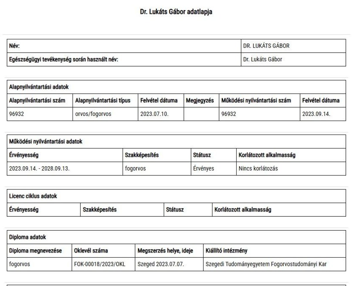 Diploma de odontología para el Dr. Lukáts Gábor, Rosental Dental, Universidad de Szeged, 2023