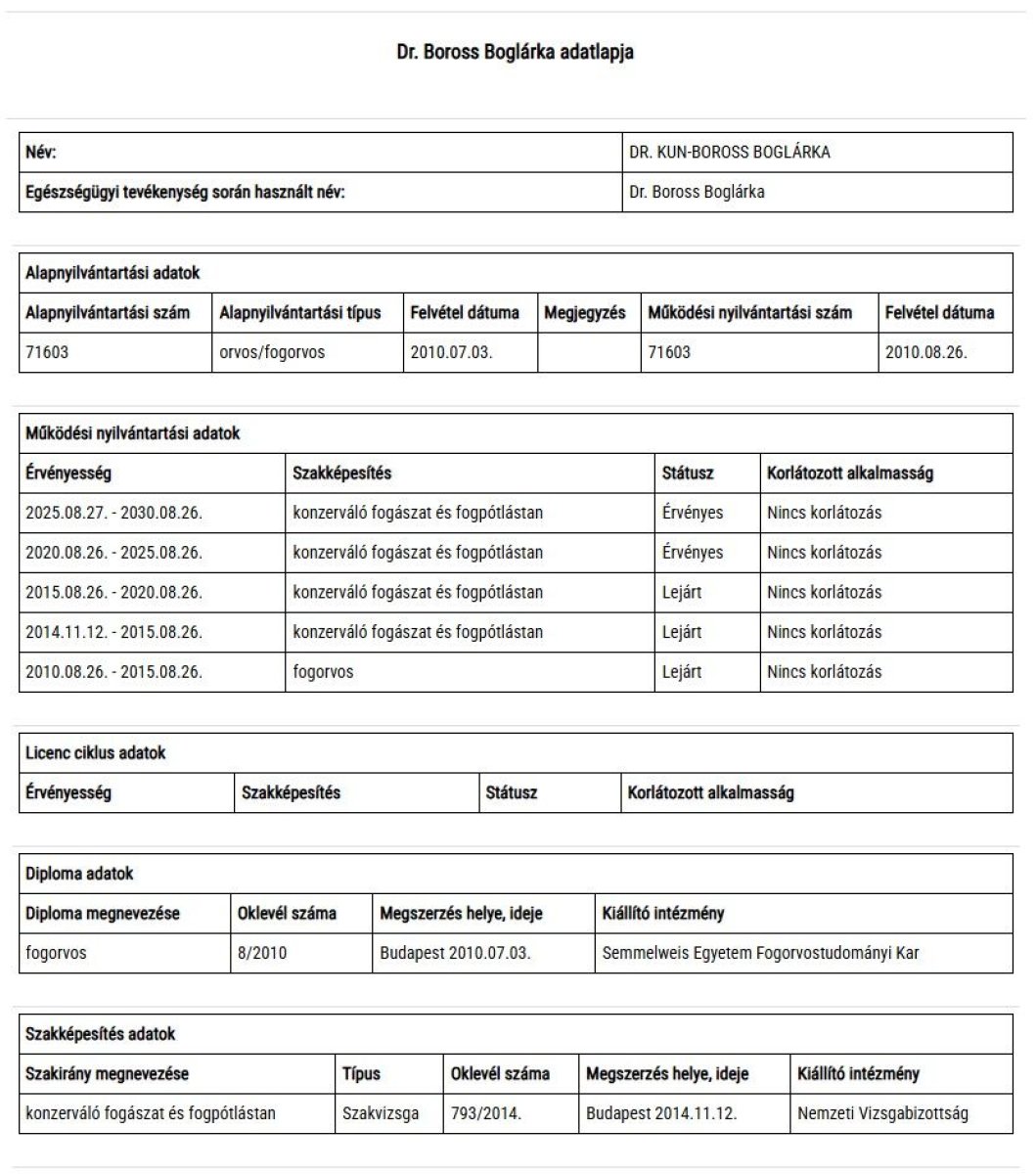 Diploma de odontología para la Dra. Kun-Boross Boglárka, Rosental Dental, Universidad Semmelweis, 2010