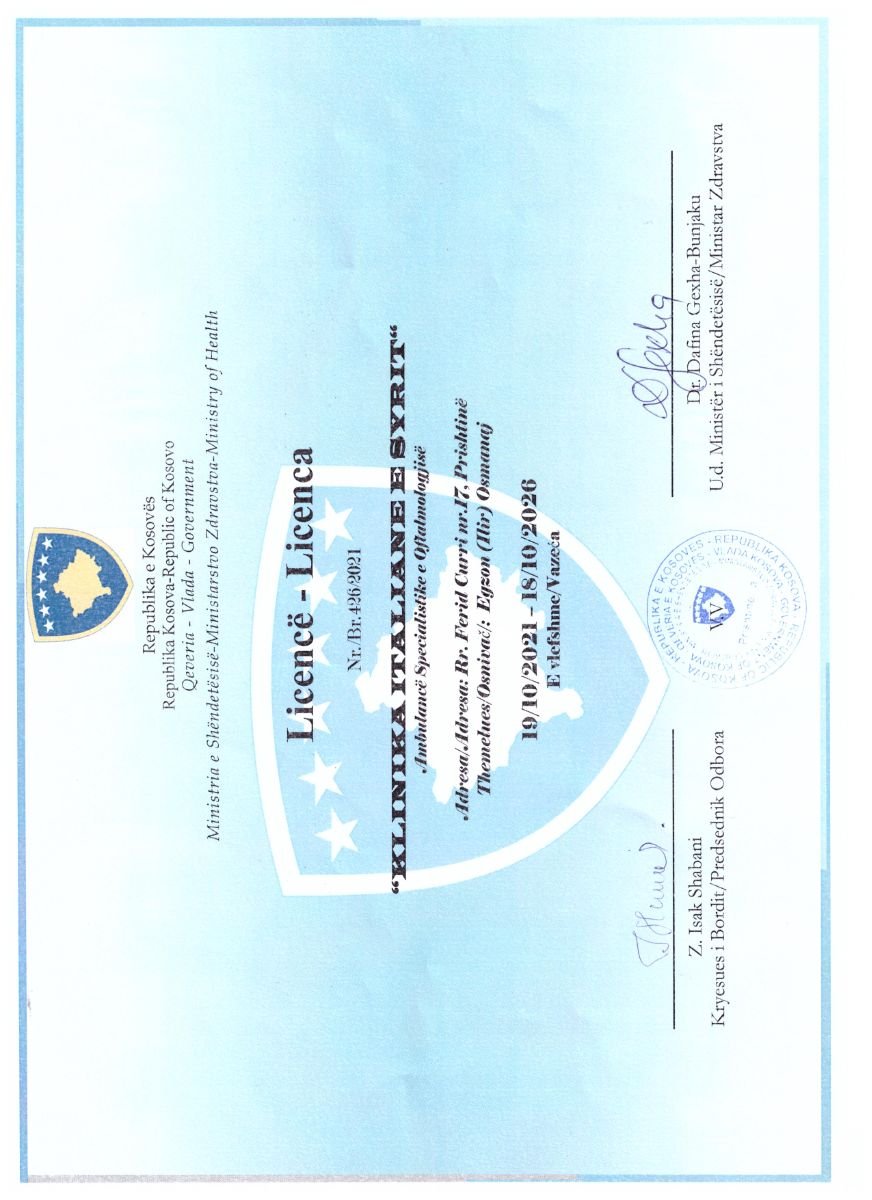 رخصة عيادة لمستشفى Italian Eye Hospital صادرة عن وزارة الصحة في كوسوفو، 2021