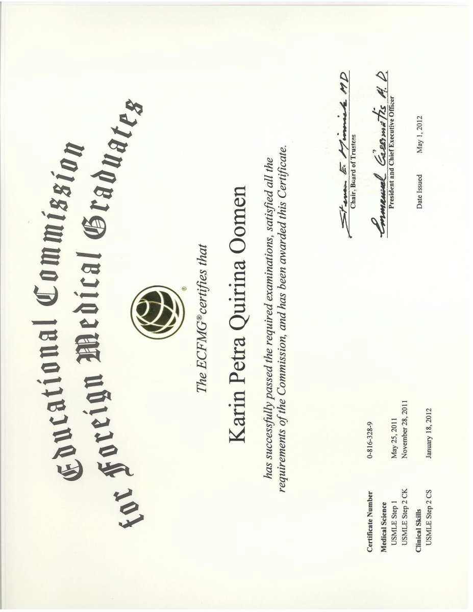 Certificado ECFMG para Karin Petra Quirina Oomen, ANDSURGEONS Clinic, emitido en 2012