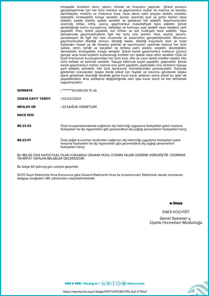 شهادة تسجيل الغرفة لـ ClinicHI (Oral & Dental Health Polyclinic)، إسطنبول، 2024