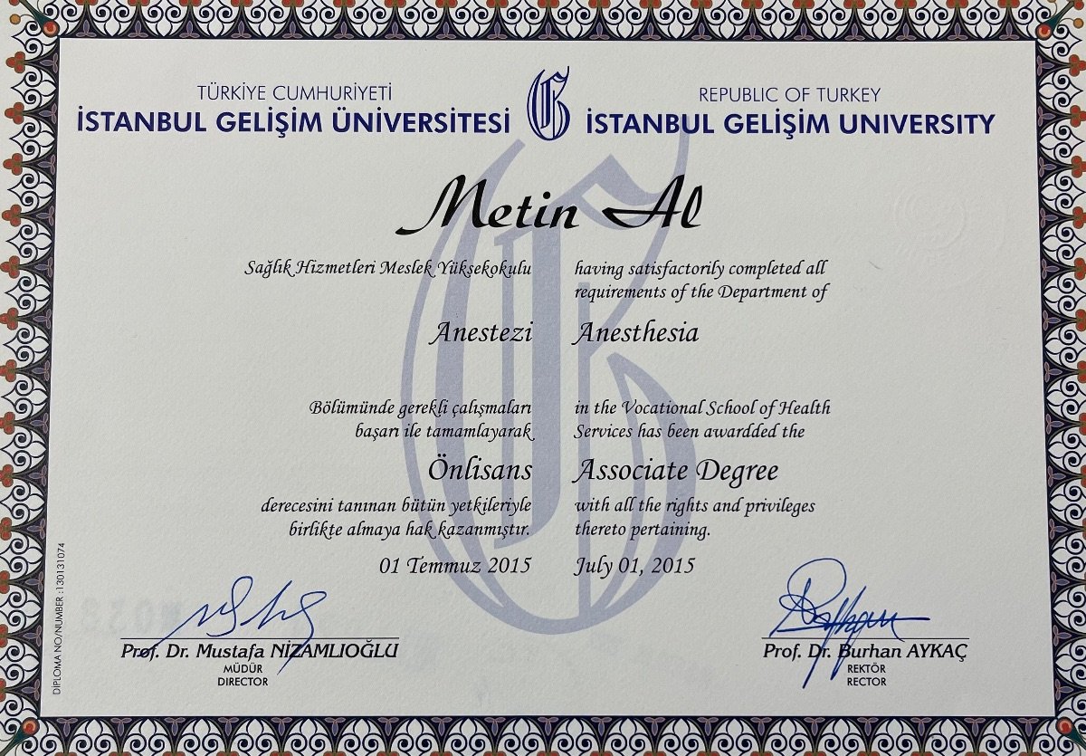 دبلوم درجة مشارك في التخدير لـ Metin Al، جامعة إسطنبول جيليشيم، 2015