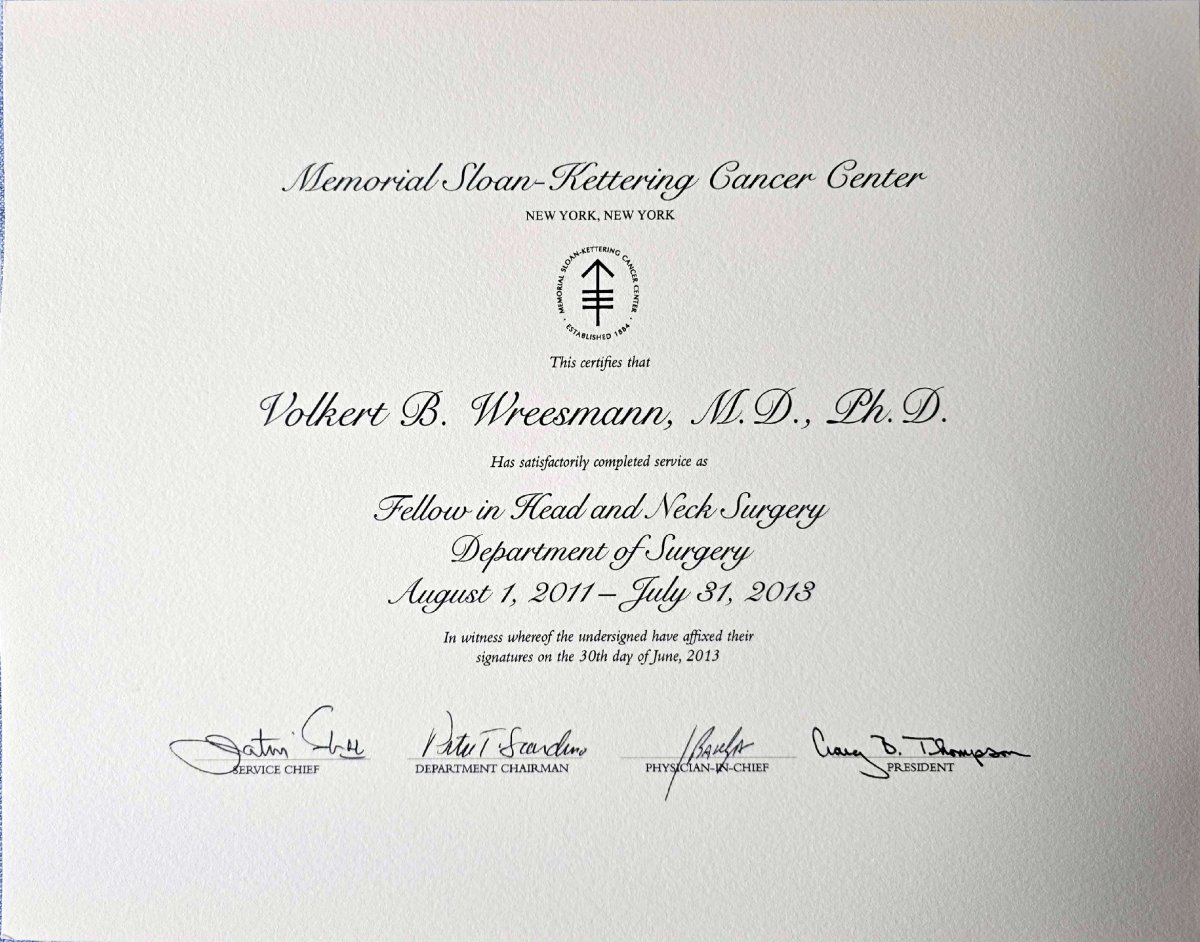 Certificado de beca en cirugía de cabeza y cuello para el Dr. Volkert B. Wreesmann, Memorial Sloan-Kettering Cancer Center, 2013