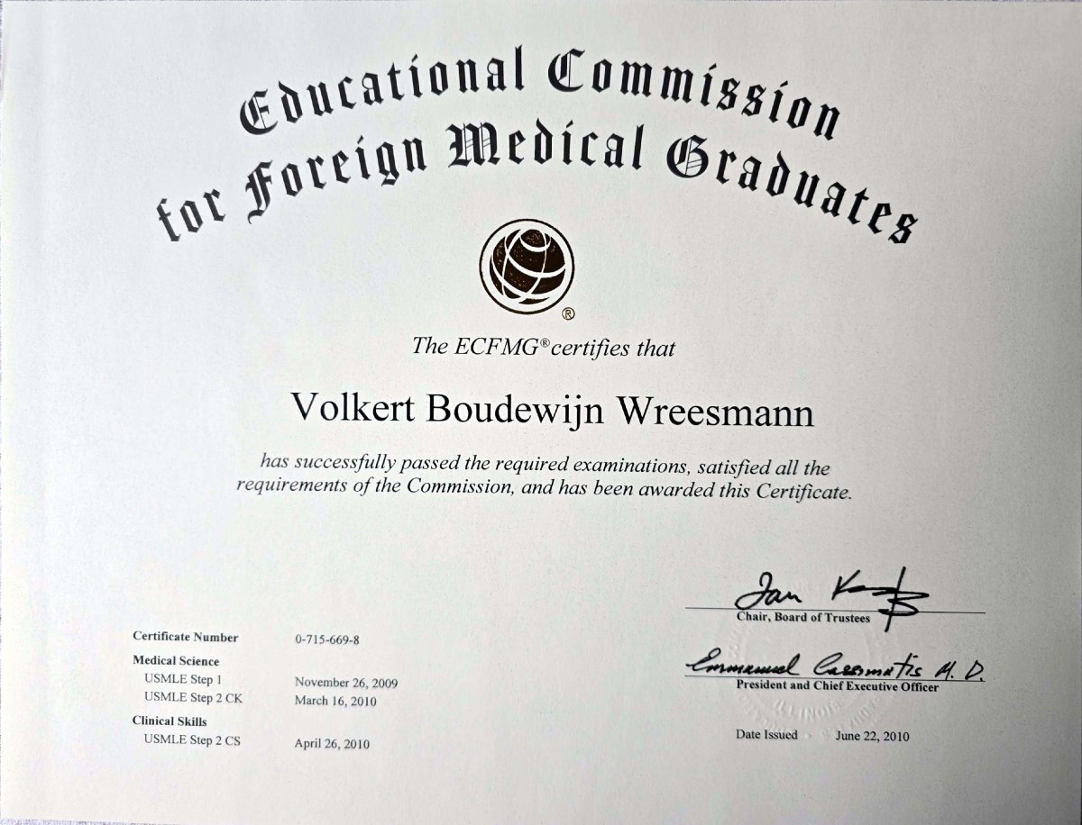 Certificado ECFMG para Volkert Boudewijn Wreesmann, clínica ANDSURGEONS, 2010