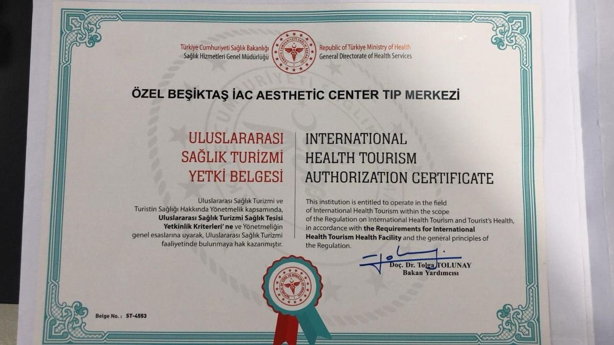 شهادة تفويض السياحة الصحية الدولية لمركز Beşiktaş IAC التجميلي، تركيا