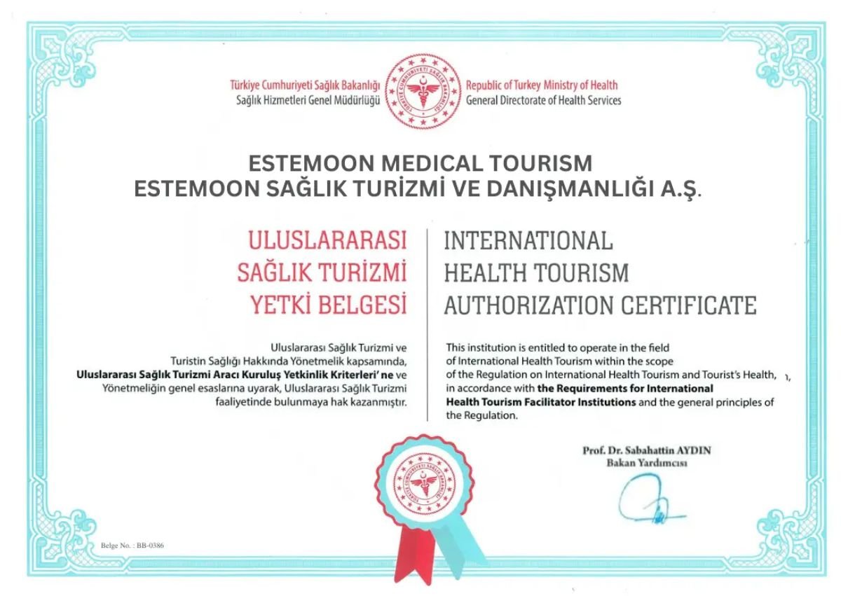 شهادة تفويض السياحة الصحية الدولية لـ Estemoon Medical Health، تركيا