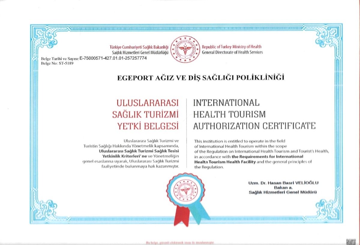 Certificado de autorización de turismo médico internacional, Egeport Dental Clinic, Turquía