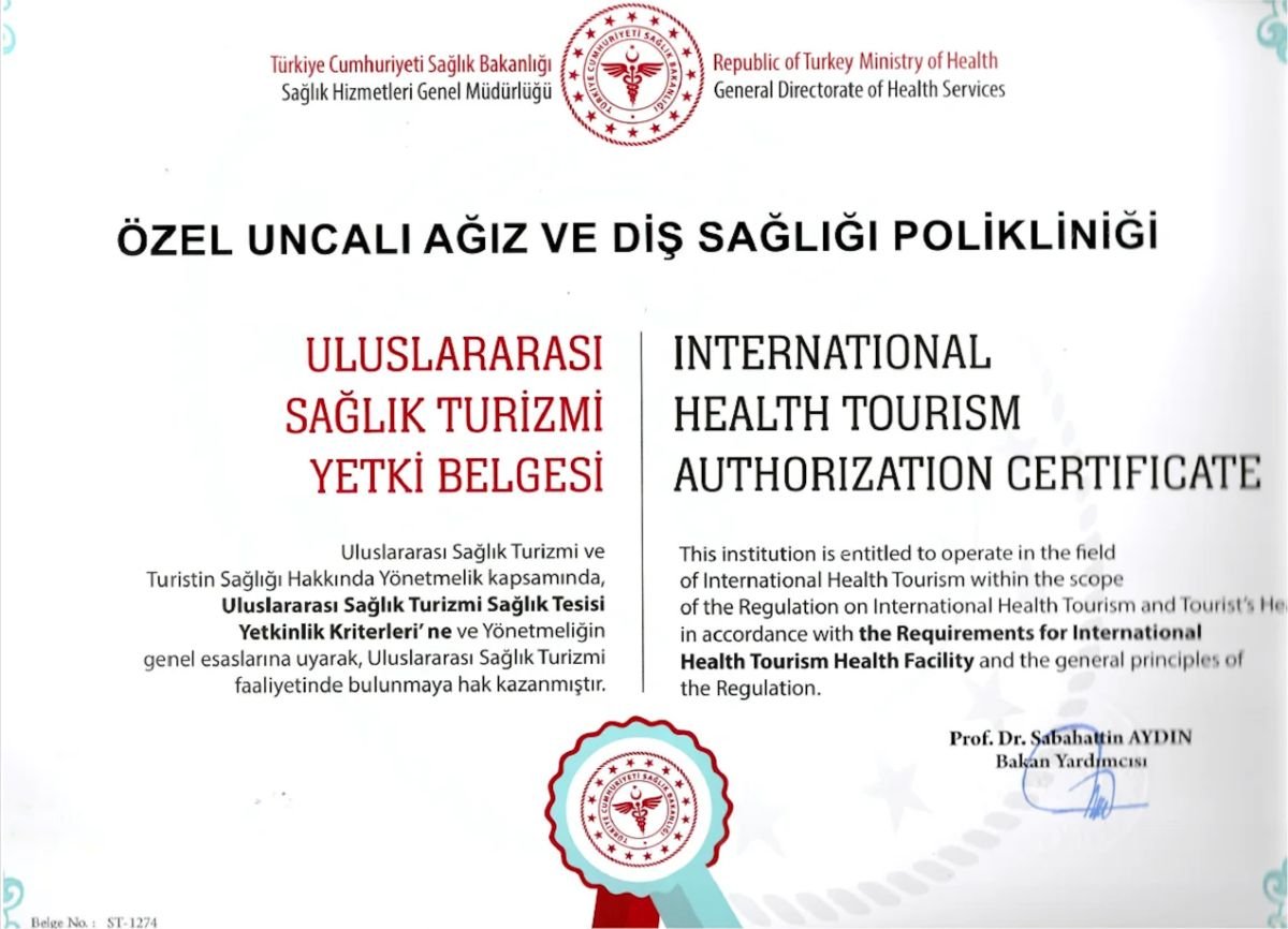 شهادة تفويض السياحة العلاجية الدولية لعيادة Uncali Dental، تركيا