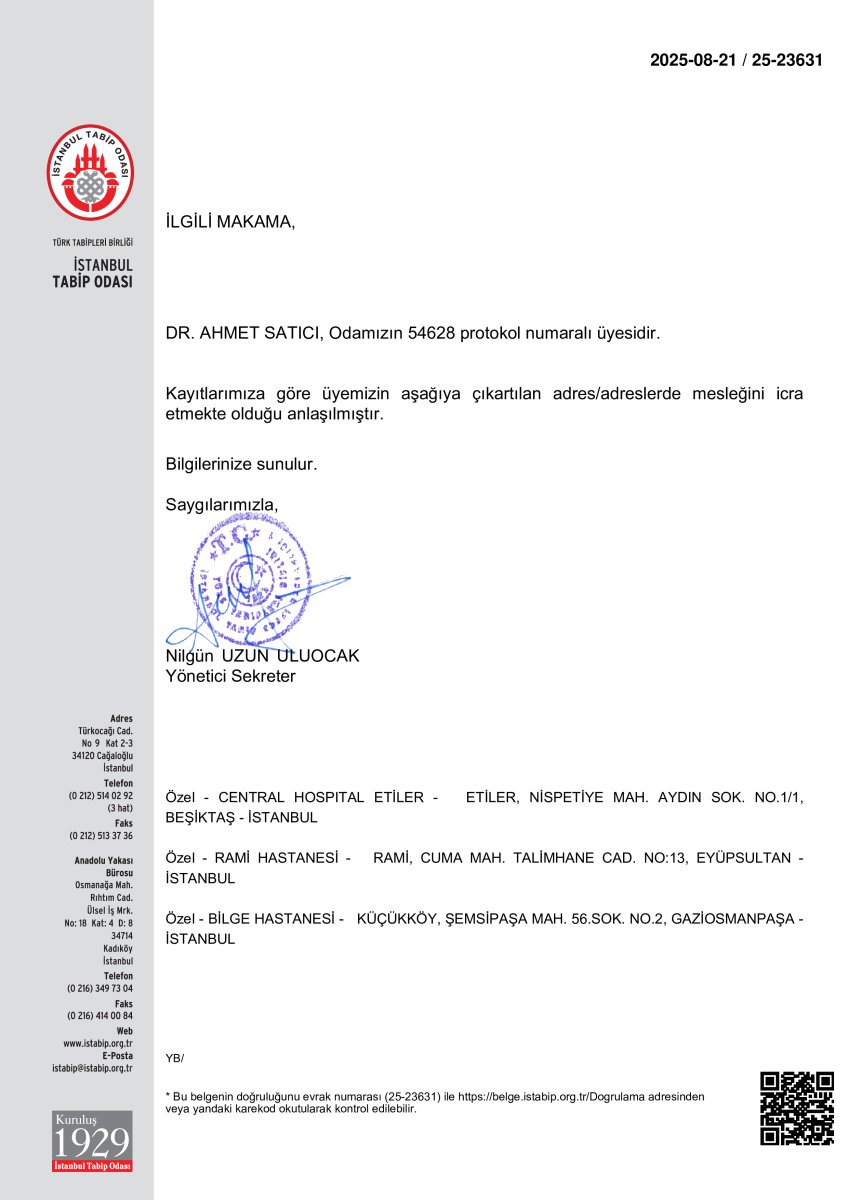 Certificado de membresía para el Dr. Ahmet Satici, Cámara Médica de Estambul, 2025