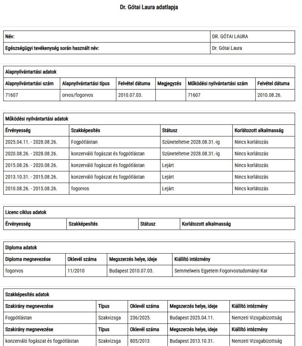 Diploma de odontología para la Dra. Laura Gótai, Rosental Dental, Universidad Semmelweis, 2010