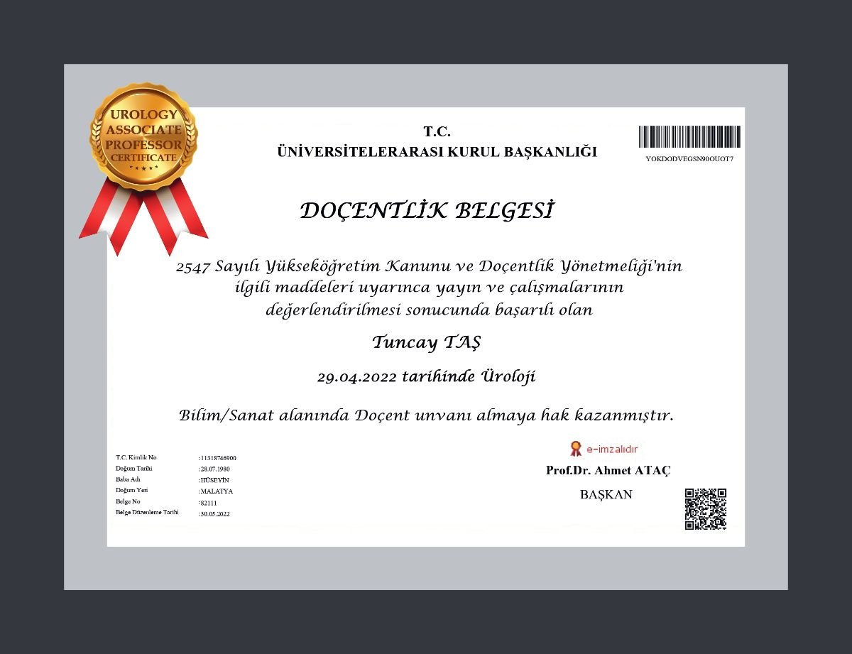 دبلوم أستاذ مشارك في جراحة المسالك البولية لتونجاي تاش، Safe Urology Clinic، 2022