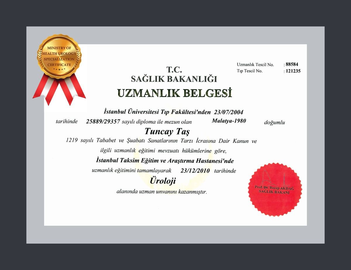 شهادة تخصص في جراحة المسالك البولية للدكتور تونجاي تاش، Safe Urology Clinic، وزارة الصحة، 2010