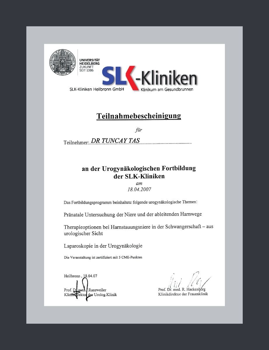 شهادة تدريب في طب المسالك البولية النسائية للدكتور تونجاي تاش، SLK-Kliniken، 2007