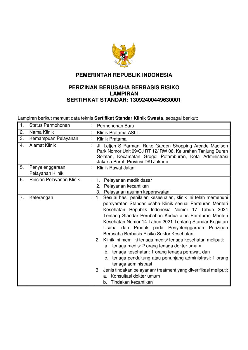 Certificado de estándar clínico para Klinik Pratama ASLT emitido por el Ministerio de Salud de Indonesia