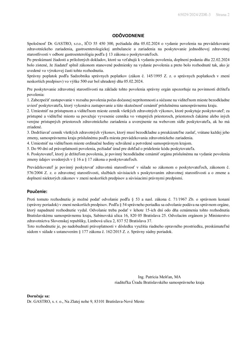 رخصة عيادة Dr. GASTRO صادرة عن منطقة براتيسلافا الإدارية، 2024