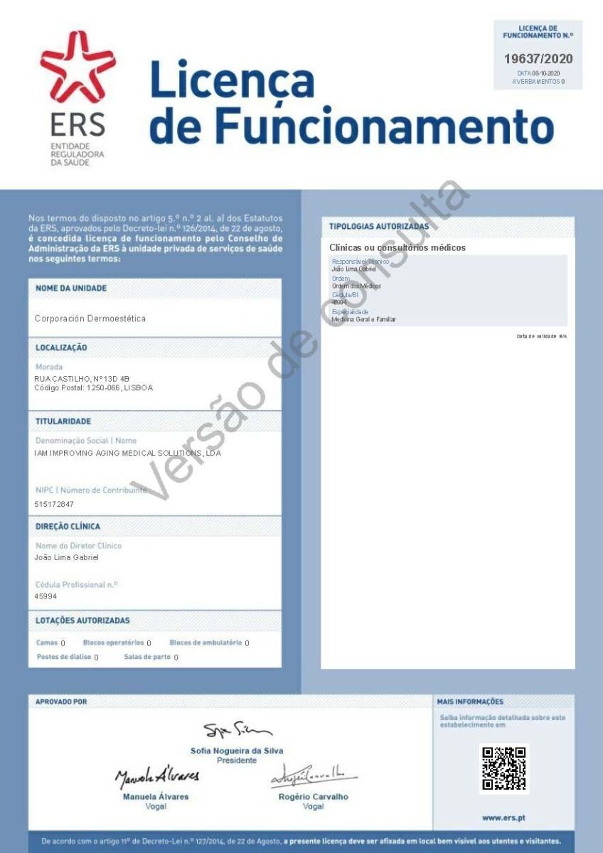 Licencia clínica de Corporación Dermoestética emitida por ERS Portugal, 2020