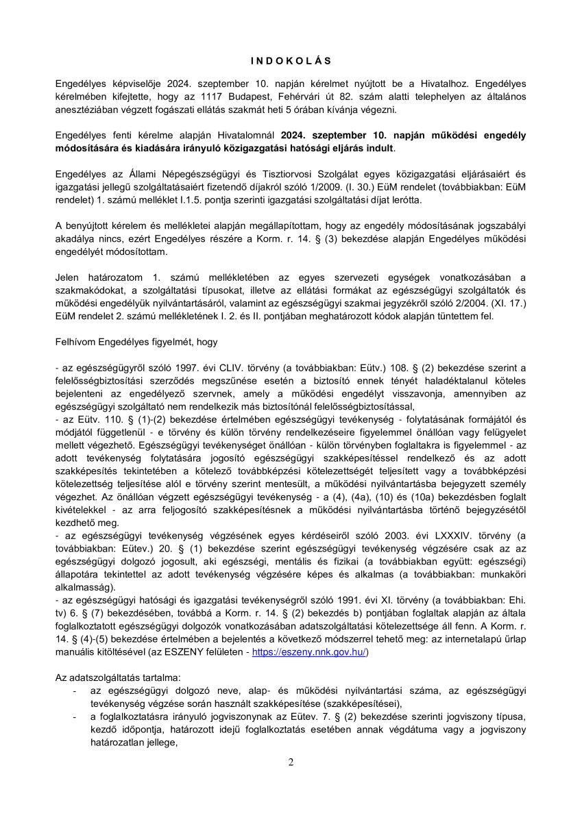 Aviso de modificación de licencia operativa de BMC Dental Klinik, Budapest, 2024