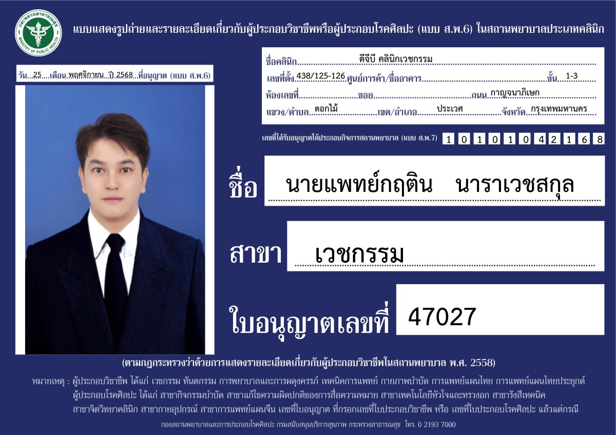 Licencia médica para el Dr. Kittin Narawesakul, DGB Clinic, Tailandia, rama estética