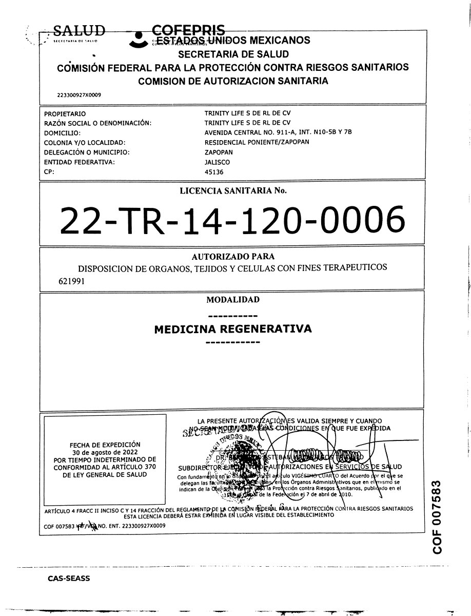 Licencia sanitaria para Dr. Irwin Abad Medicina Estética y Regenerativa, COFEPRIS México, 2022
