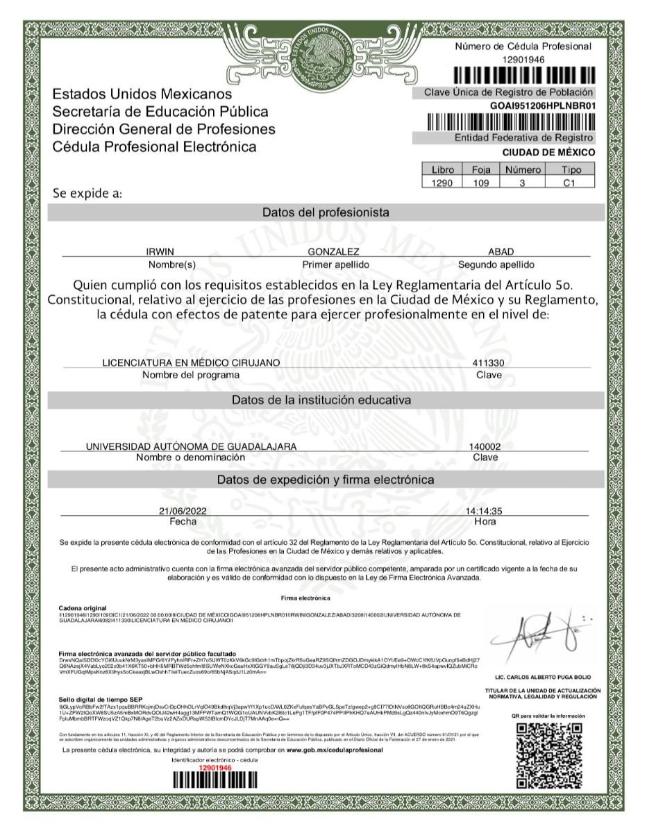Diploma médico para el Dr. Irwin Gonzalez Abad, Dr. Irwin Abad Medicina Estética y Regenerativa, México, 2022