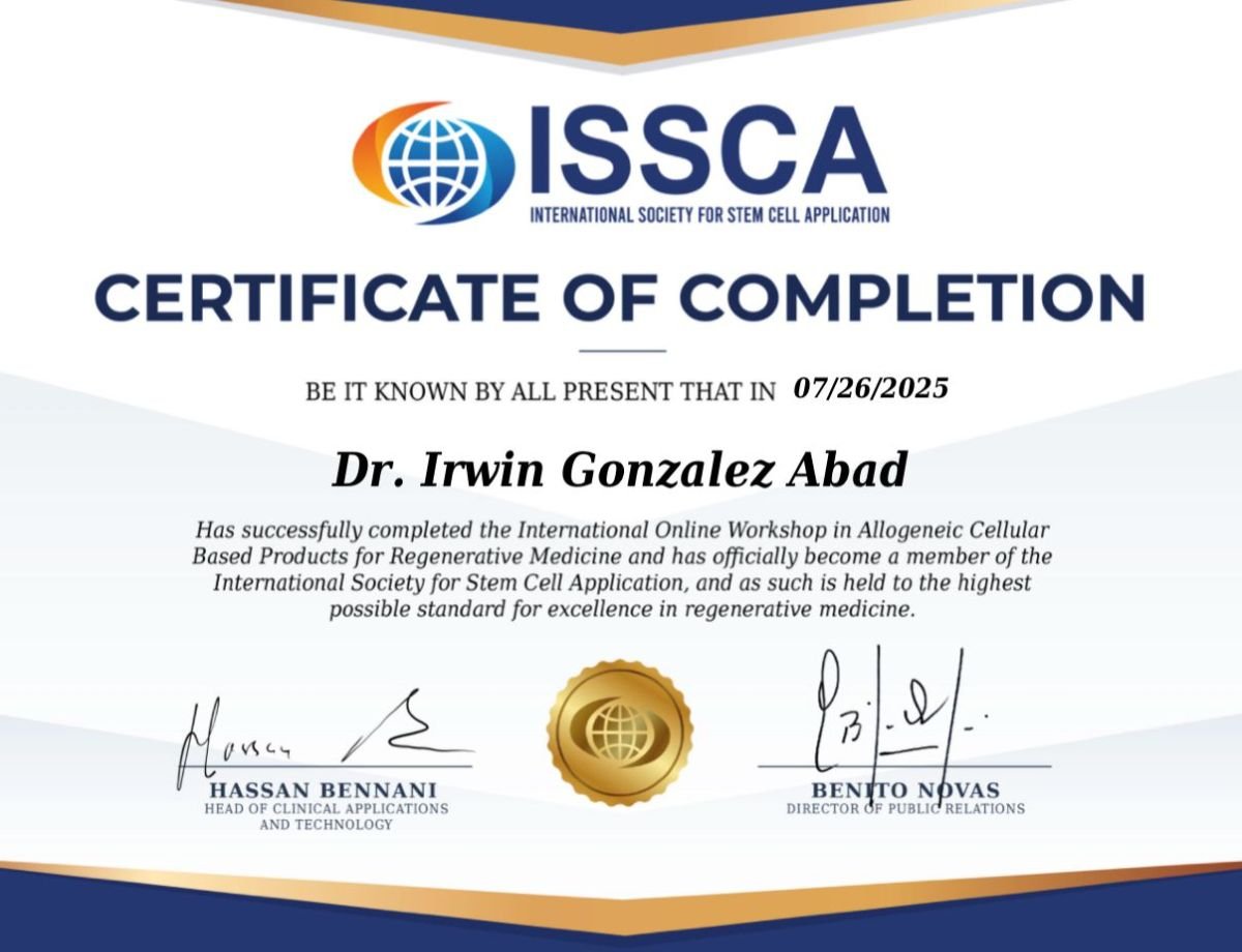 Certificado de finalización ISSCA para Dr. Irwin Gonzalez Abad, medicina regenerativa, 2025