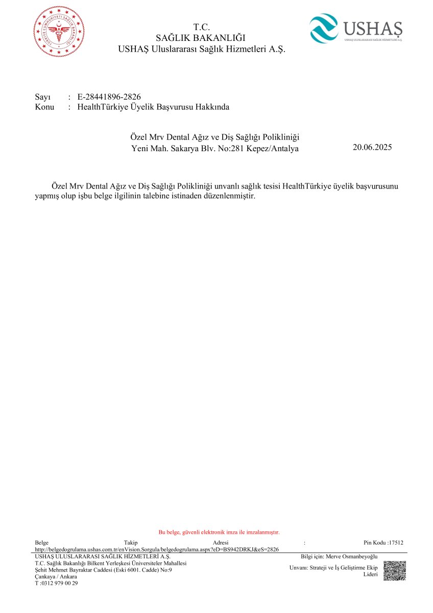 شهادة طلب عضوية HealthTurkiye لعيادة MRV Dental، أنطاليا، 2025