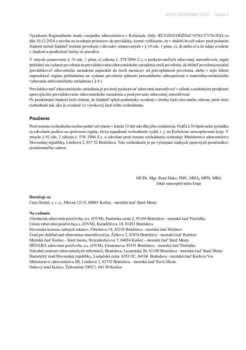 Declaración de la autoridad sanitaria para Casa Dental Clinic, Košice, Eslovaquia, 2024
