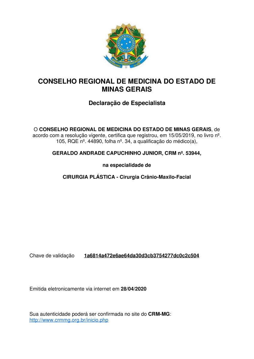 Certificado de especialista en cirugía plástica para Dr. Geraldo Capuchinho, Minas Gerais, 2020