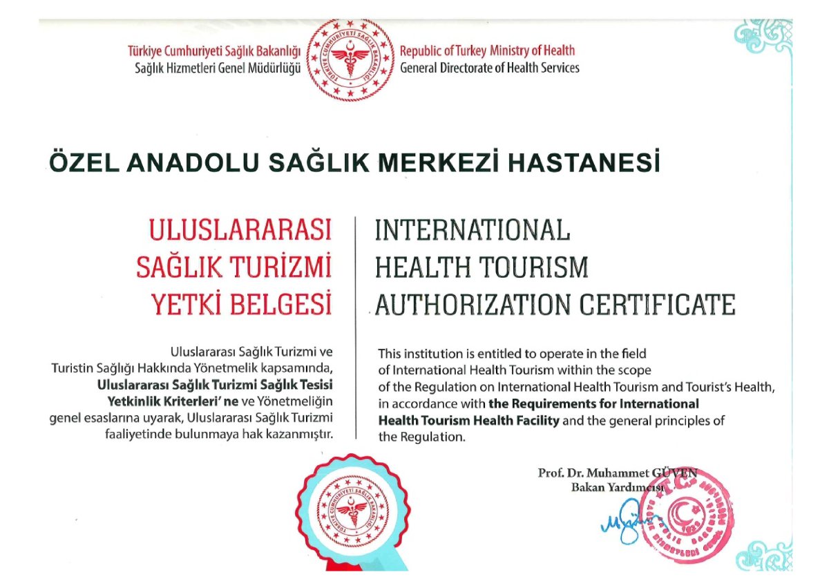 International Health Tourism Authorization Certificate for Anadolu Medical Center, Turkey