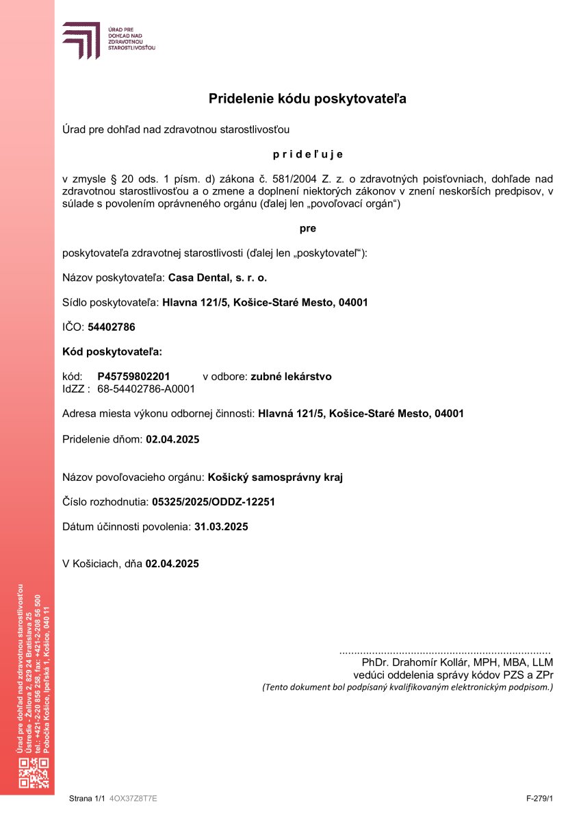 Certificado de código de proveedor para Casa Dental Clinic, Košice, emitido por Košický samosprávny kraj, 2025