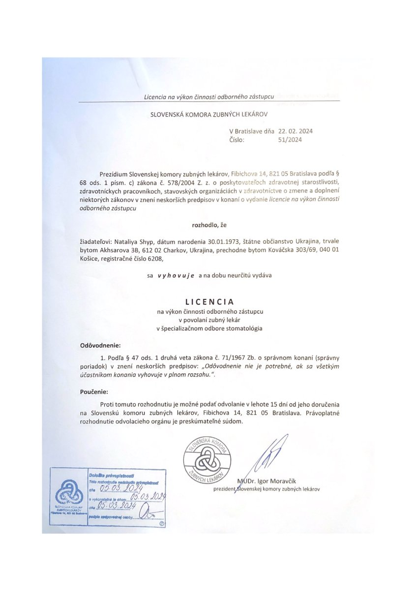 Licencia dental para la Dra. Nataliya Shyp, Casa Dental Clinic, Cámara Dental Eslovaca, 2024