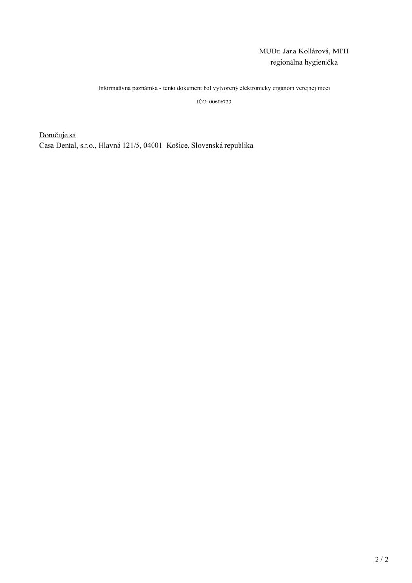 Documento oficial para Casa Dental Clinic, Košice, Eslovaquia
