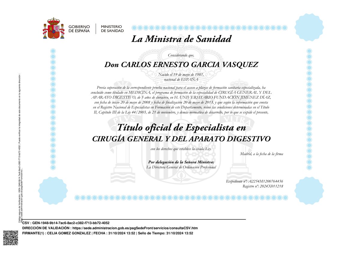 دبلوم طبي للدكتور كارلوس إرنستو غارسيا فاسكيز، Digestive Surgery and Gastroenterology Specialist Centro PAD، إسبانيا، 2024