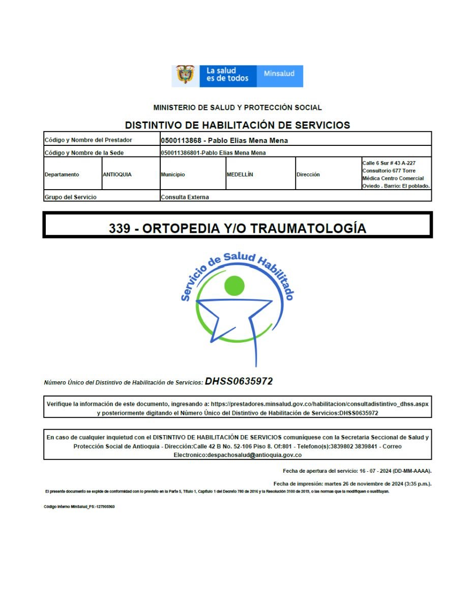 Licencia de servicio de ortopedia y traumatología, Centro doctor de Investigación Vitalys, Medellín, Colombia, Ministerio de Salud, 2024